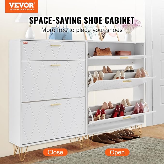 VEVOR Shoe Cabinet with 2 Flip Drawers, Modern Shoes Storage Cabinet with Storage Drawer and Anti-Tipping Device, Freestanding Shoe Organizer Ideas for Entryway, Hallway, Bedroom, Living Room, White