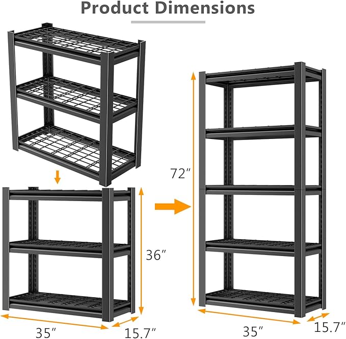 Heavy Duty Storage Shelving Unit (72" H x 35" W x 16" D) 4 Pack | Adjustable 5-Tier Metal Rack, Standing Utility Shelves, Garage, Basement, Pantry, Kitchen, Warehouse, 3000 lbs Capacity