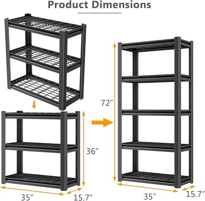 Heavy Duty Storage Shelving Unit (72" H x 35" W x 16" D) 2 Pack | Adjustable 5-Tier Metal Rack, Standing Utility Shelves, Garage, Basement, Pantry, Kitchen, Warehouse, 3000 lbs Capacity