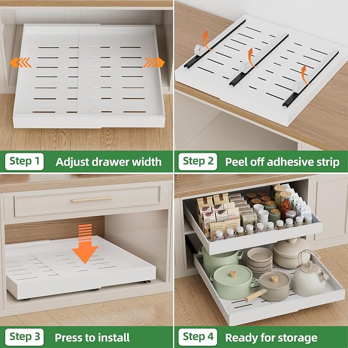 PAKETA 1 Pack Expandable Pull Out Cabinet Organizer,21" Deep | Pull Out Drawers for Cabinets with width from 12" to 20",Sliding Drawers for Cabinets with Upgrade 3 Slide Rails,hold 65 lbs