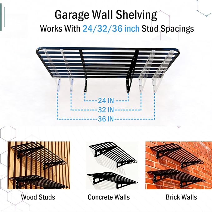 ZoffyFabrizio Garage Wall Shelving 2-Pack 2x4ft Garage Shelving（24-inch-by-48-inch） Wall Shelf Garage Storage Rack Floating Shelves, Space-Saving Black