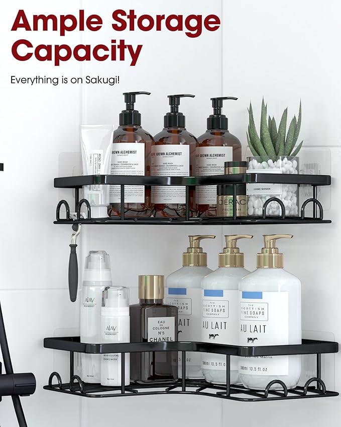 Sakugi Corner Shower Caddy - 2 Pack, Adhesive Shower Organizers, Rustproof Stainless Steel Shower Shelves with 8 Hooks, No Drilling Bathroom Organizers and Storage Racks, Space-Saving, Black, Large