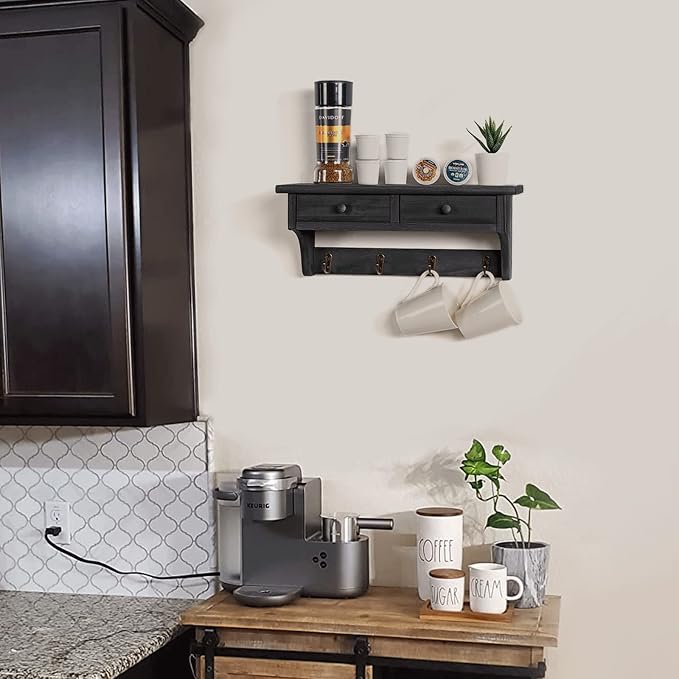 Emfogo Wood Coat Hooks Wall Mounted, Rustic Style with 4 Hooks & Shelf for Entryway, Mudroom, Bedroom, Kitchen, Bathroom (Black)