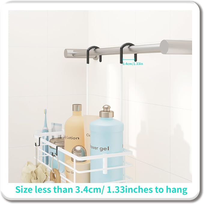 HapiRm Hanging Shower Caddy Organizer - No Drilling Shower Shelves with Hooks and Toothbrush Holder, Rustproof 304 Stainless Steel Bathroom Organizer - White
