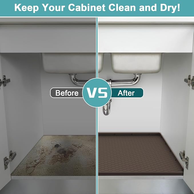 Under Sink Tray for Kitchen Waterproof, Silicone Under Kitchen Sink Mats and Protectors for 34" x 22" Cabinets, Under Sink Tray Organizer, Shelf Liner Cabinet Liner for Bathroom, Brown
