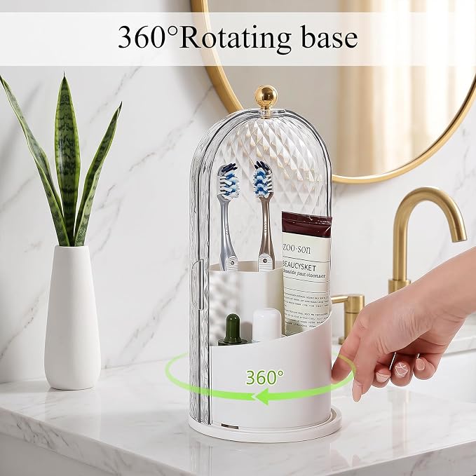 Toothbrush Holder with Cover for Bathroom Countertop, Organizer, White | Rotating 3 Slot Holder for Electric Toothbrushes, Toothpaste, Self Draining Vanity Organizer, Makeup Brush Storage
