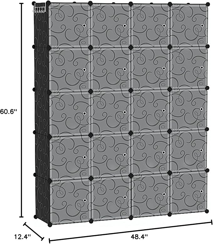 C&AHOME 20-Cube Storage Organizer with Door Platic Closet Organizer Black | Modular Bookshelf, Storage Shelving, Portable Shelves Organizing Units Ideal for Bedroom, Home 48.4" L × 12.4" W × 60.6" H