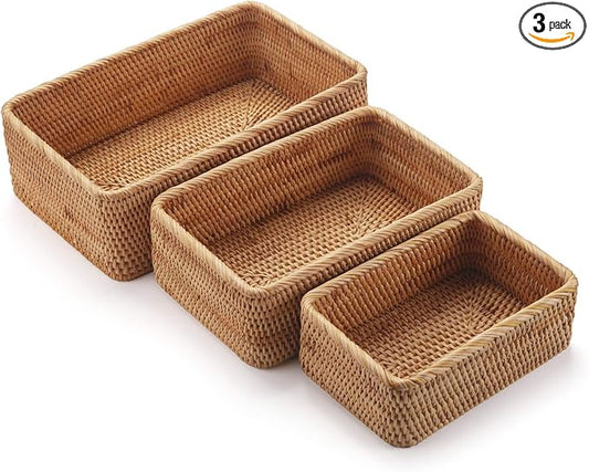 Natural Rattan Fruit Storage Baskets Rectangular Woven Wicker Box for Key Holder Remote Stackable Natural Set of 3