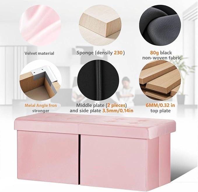 AmasSmile Footrest Ottoman Storage Bench, 34" Velvet Folding Stool, Pink | Large Ottoman with Storage, Thicker Foam Padded Seat, Livingroom, Dorm, Bedroom, Entryway, Easy to install, 34 x 13 x 13in