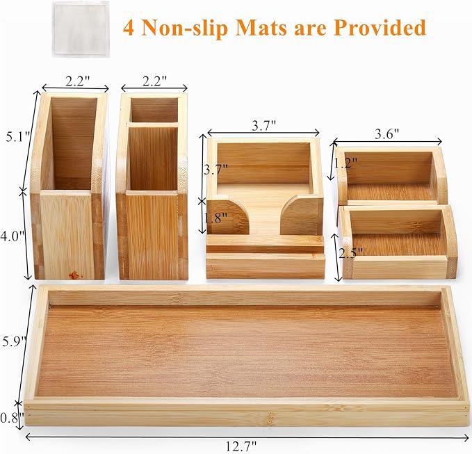 Cididu Bamboo Vanity Tray, 7 Pieces Adjustable Pen Holder Stationery Caddy, Bathroom Vanity Organizer Set, Sturdy Countertop Desk Tray Storage Boxes Office Supplies for Makeup Small Items Home Kitchen