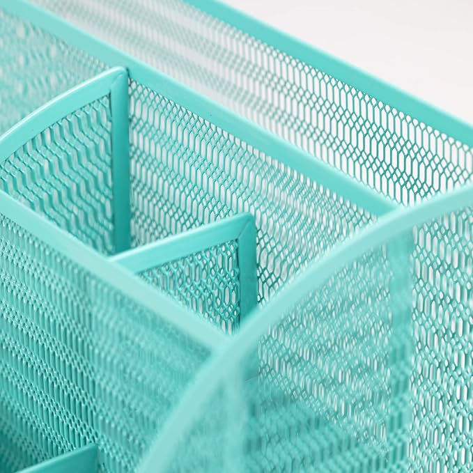 BLU MONACO Aqua Desk Organizer | Metal Turquoise Stationery Holder With Drawer and Compartments | Desktop Storage for School, Bedroom, Locker and Home | 5.5”D x 8.6”W x 5”H Accessory Caddy