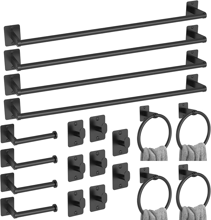 KLJKPA 20-Piece Bathroom Accessories Set, 24 inch Towel Bar | Black Bathroom Hardware Set, Towel Racks for Bathroom, Robe Towel Hooks, Toilet Paper Holder Wall Mounted
