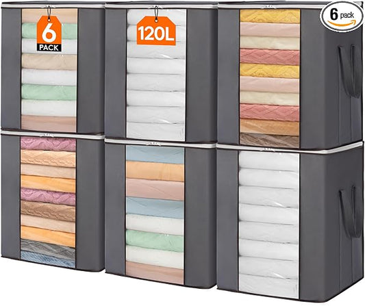 Lifewit 120L Extra Large Blanket Storage Bags, Foldable Comforter Storage with Reinforced Handles, Clothes Storage Containers for King Comforter, Bedding, Pillow, Sheet, Storage Bin with Lids 6 Pack