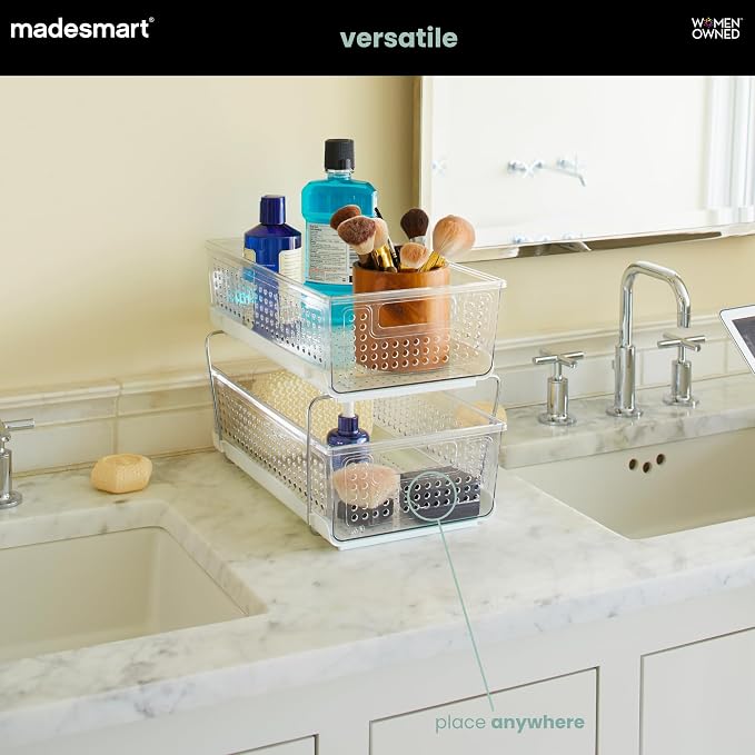 madesmart 2 Tier Organizer, Under Cabinet Storage with Pull Out Sliding Drawers, for Cleaning Supplies, Undersink Storage, Sponges, Bottles & Bath, Adjustable Dividers & Pull Out Baskets, Clear