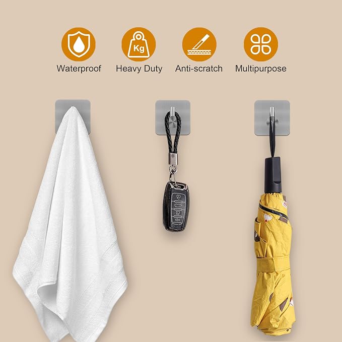 Honmein 6 Pcs Adhesive Wall Hooks for Hanging - Waterproof Shower Hooks | Heavy Duty Towel Hooks for Bathrooms, Kitchens, and Offices (Silver)