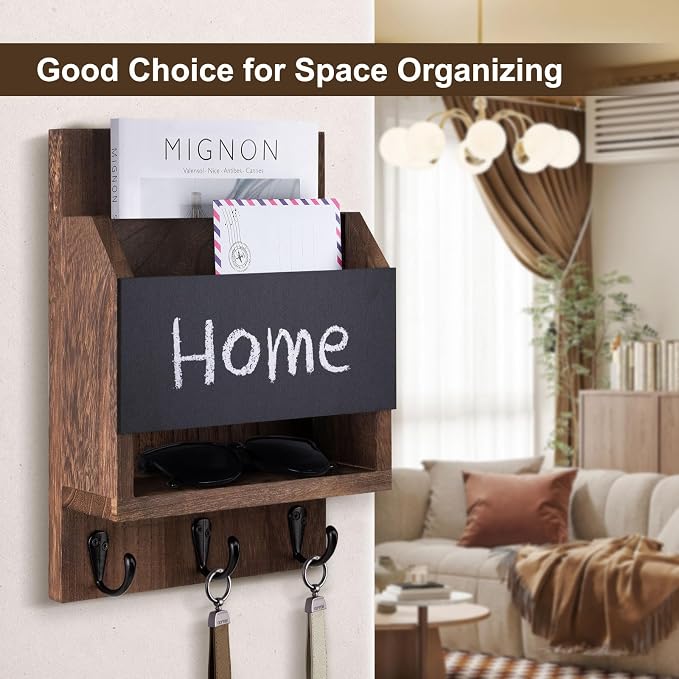 Key and Mail Holder for Wall, Key Holder with Chalkboard and Long Storage Box, Key Hanger with 3 Sturdy Hooks for Coat, Dog Leash, Entryway Mail Organizer (Brown)
