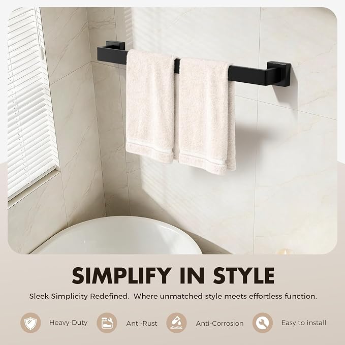 20-Pieces Matte Black Bathroom Accessories Set, 24 Inch Bath Towel Bar Set | Stainless Steel, Towel Ring, Toilet Paper Holder, Robe Hooks, Towel Racks for Bathroom Wall Mounted, Bathroom Hardware Set