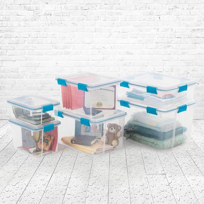 Sterilite 54 Qt Gasket Box, Stackable Storage Bin with Latching Lid and Tight Seal, Plastic Container to Organize Basement, Clear Base and Lid, 1-Pack