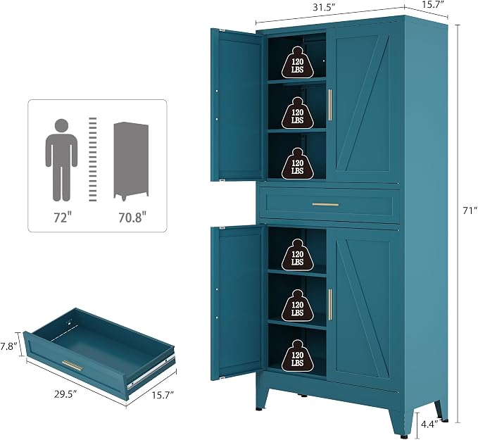 Bevivog 71" Kitchen Pantry Cabinet, Metal Storage Cabinet with Drawer, 2 Doors and 4 Adjustable Shelves Cabinet for Home Office Laundry Living Room Farmhouse Blue Metal Pantry
