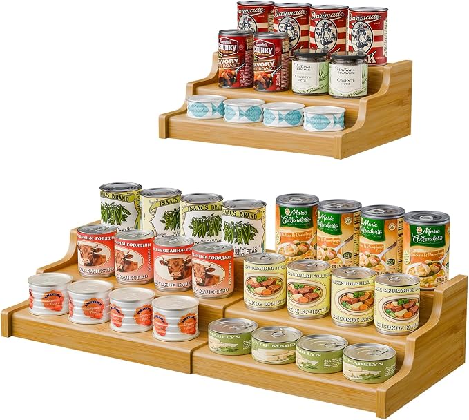 Simple Trending Expandable Bamboo Can Rack Organizer for Pantry, 3-Tier Adjustable Can Storage Holder Holds Up to 24 Cans, Canned Goods Storage Display for Cabinet, Countertop