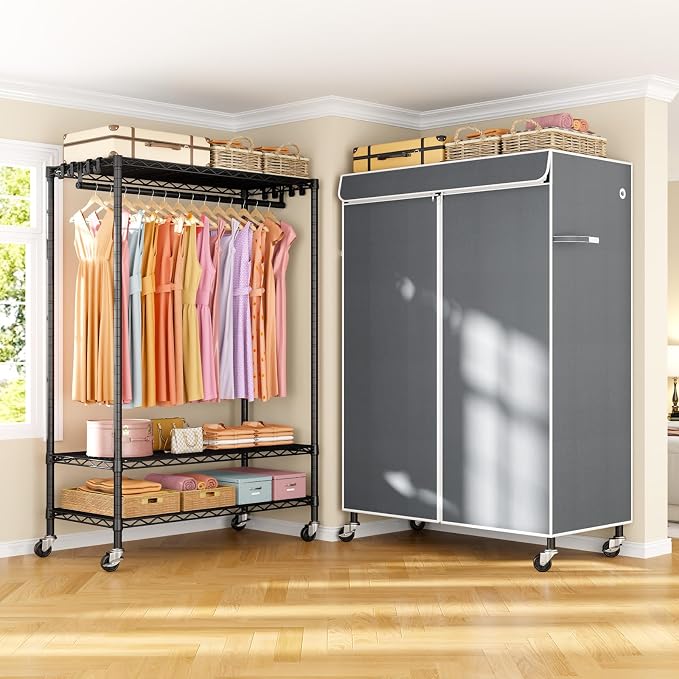 P6C Plus Rolling Clothes Rack with Cover, Covered Clothing Rack | Portable Closets for Hanging Clothes, Heavy Duty Garment Rack on Wheels, Black Closet Rack with Gray Cover, Max Load 375LBS