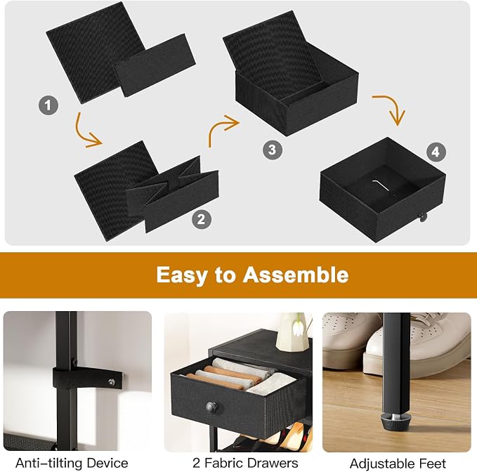 5 Tier Shoe Rack with Drawers, Metal & Wood Shelf Black | Holds 16-20 pairs. Fabric shelves prevent dust. Drawers for small items. 20-min assembly with clear guide.