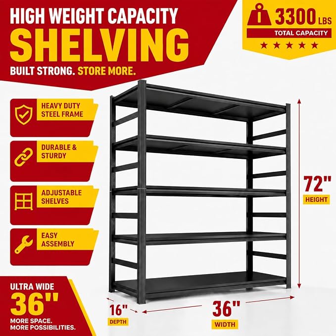 Garage Shelving, 3300 LBS Storage Shelves with Side Guard | 5-Tier Garage Storage Shelves,Adjustable Industrial Shelves with Thickened Double-Layer Posts for Garage 36×16×72in