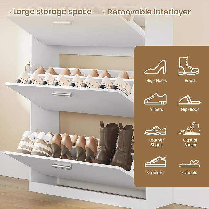 Shoe Cabinet Organizer with 3 Flip Drawers,Narrow Shoe Rack 31.5" W White | Freestanding shoe storage cabinet for entryway,foyer and hallway, space-saving flip drawers,Adjustable Shelves & 2 Hooks