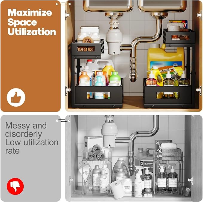 2-Pack Under Sink Organizer and Storage,2-Tier L Shape Pull Out Cabinet Organizer With Round Tube Slide Rails,Hight Adjustable Slide Out Drawers for Kitchen&Bathroom,Multi-Purpose Shelf-Black