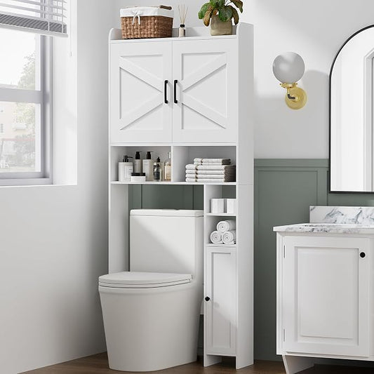 Homhedy Wooden Over The Toilet Storage Cabinet with Barn Door | Freestanding Bathroom Storage, Toilet Paper Holder, Adjustable Shelf,Space-Saving, Farmhouse Style, White