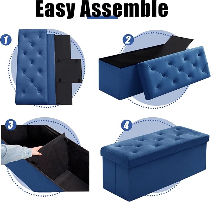 BRIAN & DANY 43 Inches Folding Storage Ottoman Bench, Velvet Ottoman with Storage for Living Room, Bedroom, Entryway, Ottoman Foot Rest, End of Bed Bench (Blue)