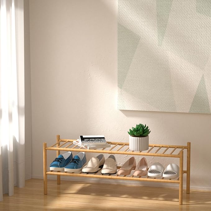 ROMGUAR CRAFT 2-Tier Bamboo Long Shoe Rack, Free Standing Wood Shoe Shelf Storage Organizer for Closet Entryway Stackable 35"x11"x13" (Natural)