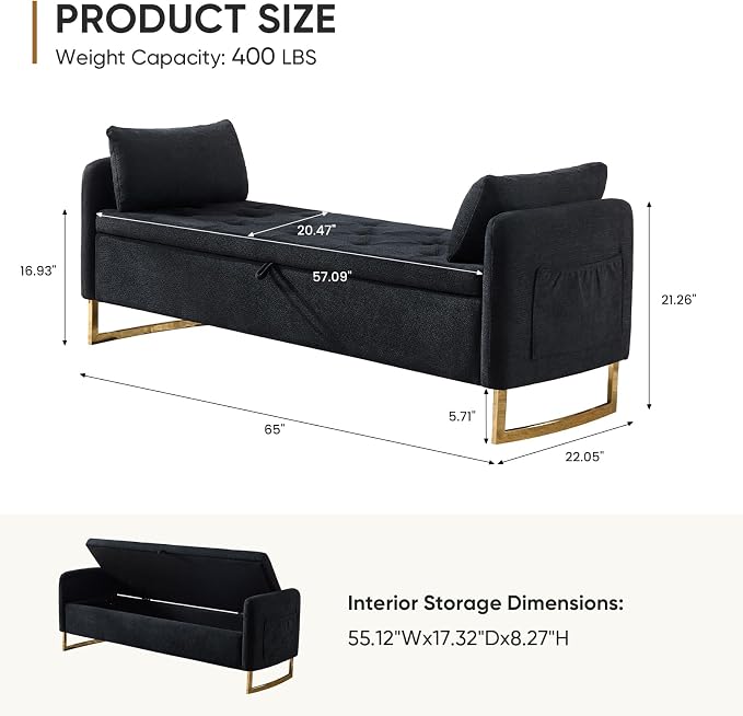 65" Storage Ottoman Bench, Chenille Storage Bench for Bedroom, End of Bed Storage Bench with Tufted Upholstered and Gold Legs, Bedroom Benches with Arms Window and Entryway, Black