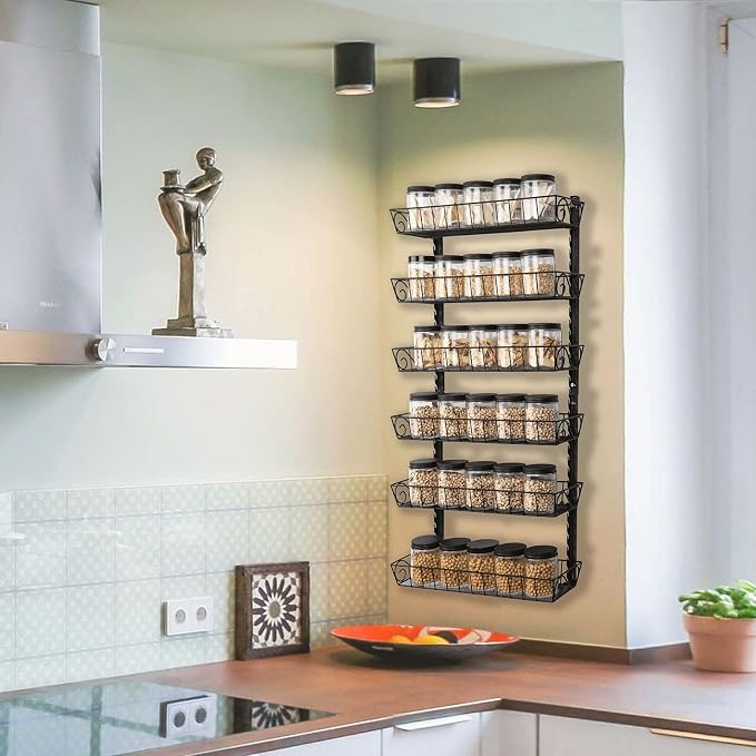 SWOMMOLY Adjustable Wall Mount Spice Rack, 6-Tier Dual-use (Multi-use) Organizer, Black | Hanging Spice Rack Organizer, Kitchen Pantry Cabinet Storage Holder for Spices, Mason Jars, Bottles & Cans, Black