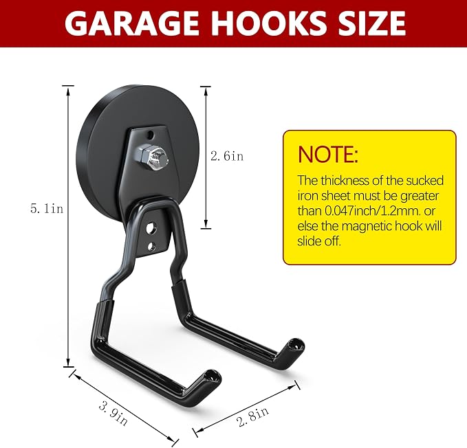 3-H Heavy Duty Magnetic Hooks,No-Drill Garage Power Tool Holder, 4 Pack | Patented Extended Right-Angle Support boosts load capacity. Works on iron & steel surfaces, perfect for workshop,shed