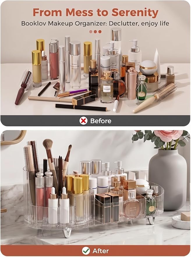 Booklov Rotating Makeup Organizer for Vanity Countertop, Clear | Clear Acrylic Cosmetic Display Case, Large Beauty Brush Holder for Bathroom Counter, Skincare Lipsticks Storage