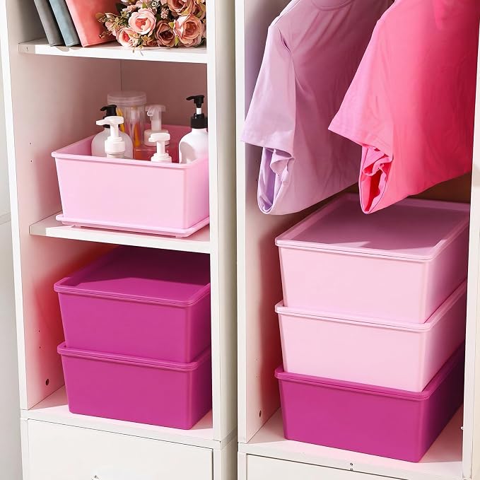 6 Pcs Large Plastic Storage Bins with Lids 14.4 x 10.4 x 5.1 Inch Stackable Storage Containers Decorative Cubby Organizer for Clothes Shelves Garage Closet Office (Pink Series)