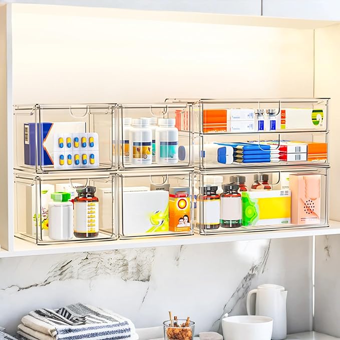 caktraie 6-Pack Acrylic Stackable Storage Drawers for Vanity, Desk, Bath | 2 large & wide 13" drawers, Smooth-glide, stackable, clear body, dustproof, wipe clean, for makeup, pantry jars, under sink