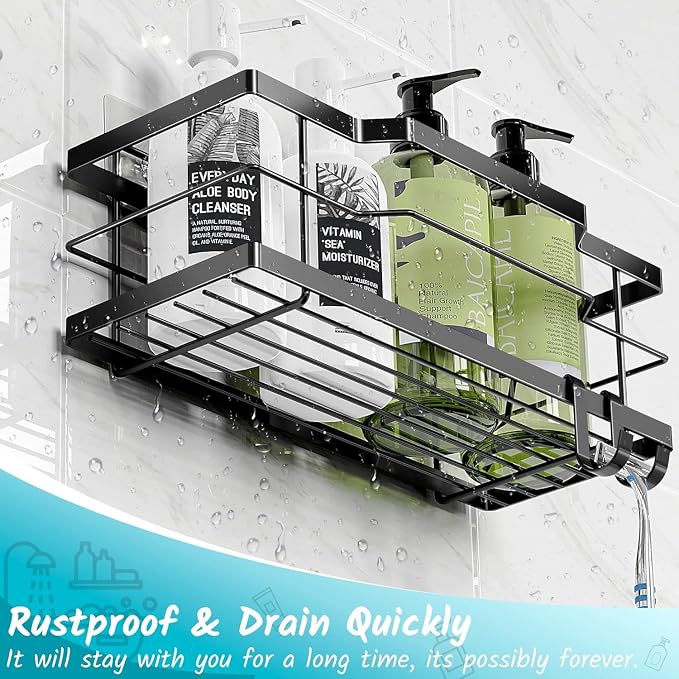 Moforoco Shower Caddy Shelf Organizer Rack, Self Adhesive Black Bathroom Shelves Basket, Home Farmhouse Wall Inside Organization and Storage Decor Rv Accessories, First Camper Apartment Essentials