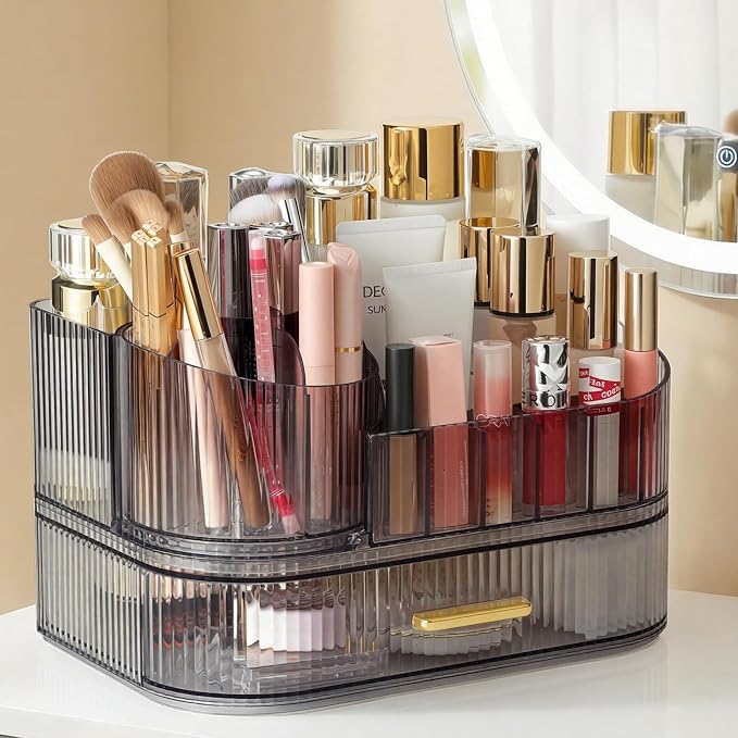 Delamu Rotating Makeup Organizer countertop, Brush Holder for Vanity, Black | Stackable Drawer Makeup Storage for Skincare, Lipstick, Brushes & Perfume, Fits Dresser & Bathroom Countertop, Gift for Women