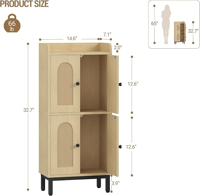 Hzuaneri Bathroom Cabinet, Small Storage Cabinet with 4 Doors | Bathroom Organizers and Storage Cabinets with Adjustable Feet. Cabinets Freestanding for Living Room, Kitchen, Rattan Yellow