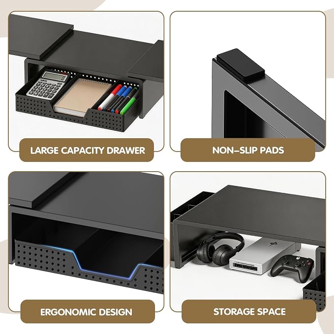 LEKETREE Dual Monitor Stand Riser with Drawer, Desk Organizer and Accessories, Monitor Stand for Desk, Desktop Stand for Computer, Laptop, TV and More (Black)