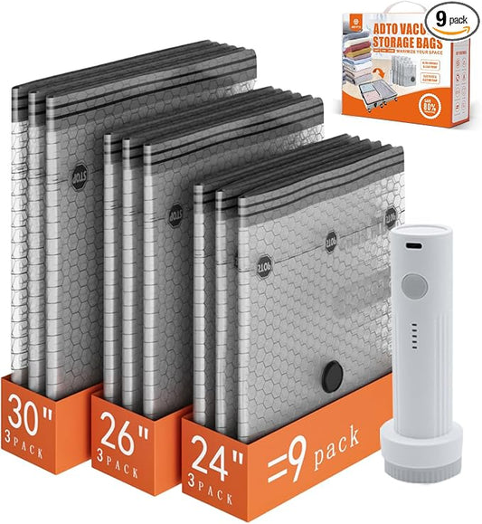 9 Pack Travel Vacuum Seal Bags for Clothing with Cordless Electric Pump, Space Saver Vacuum Storage Bag for Clothes, Carry-on Compression Packing Bag for Luggage Suitcase, Cruise Vacation Essentials