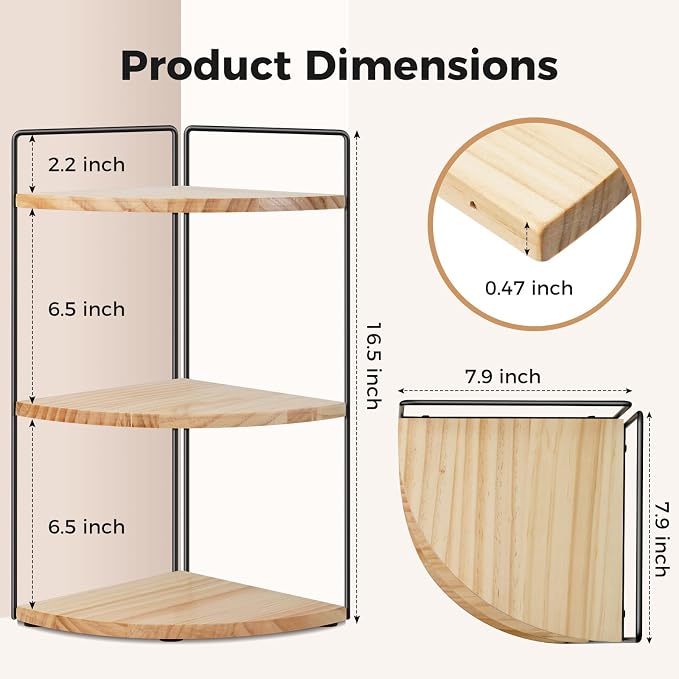 3 Tier Corner Bathroom Counter Organizer – Solid Wood + Metal Stand, Bathroom Countertop Organizer for Skincare, Makeup & Vanity, Space-Saving Rustic Storage for Sink, Kitchen & Bathroom