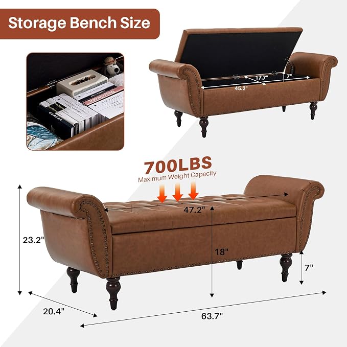 63.8" Storage Bench For Bedroom Faux Leather End Of Bed Bench With Storage | Upholstered Ottoman Foot Rest With Rolled Arms For Bedroom Living Room Holds Up To 700 Lb Brown