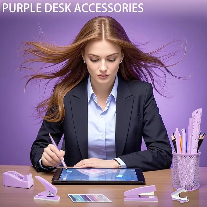 16Pcs Purple Desk Accessories- Purple Office Supplies with Stapler, Tape Dispenser, Pen Holder, Staple Remover, Hole Punch, Paper Clips, Pens, Cute Desk Set for Office Home School Women Students Gift