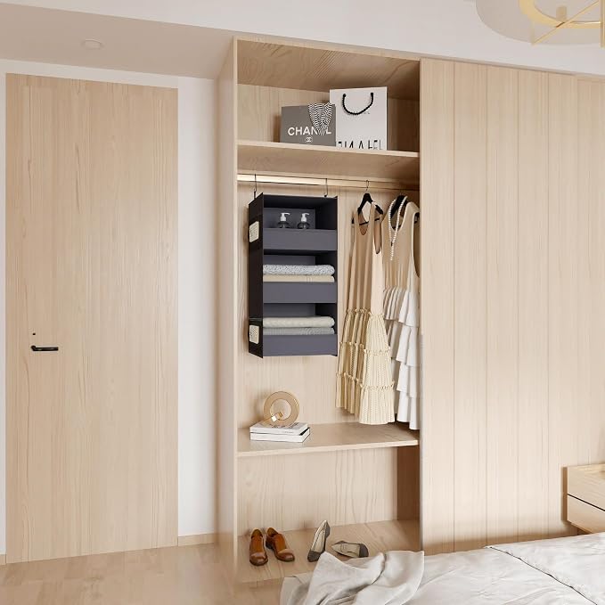 3-Shelf Hanging Closet Organizer, Washable Foldable Storage, Dark Gray | Front lip keeps items secure; side pockets add room; Oxford fabric handles towels, shirts, baby items, dorms, RVs or travel.