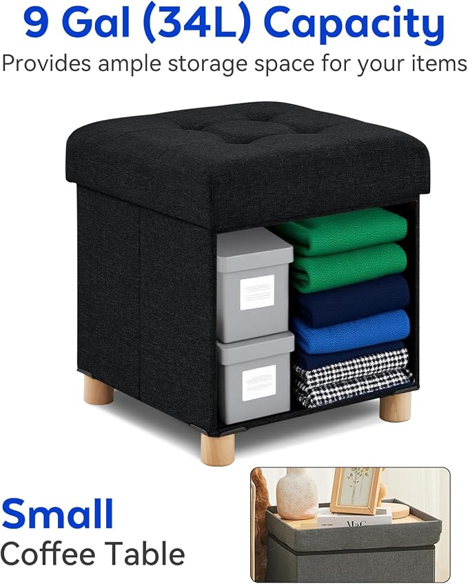 BRIAN & DANY Ottoman with Storage, Square Small Storage Ottoman Foot Rest with Legs, Ottomans Foot Stool for Dorm, Living Room, Entryway 14.8"x14.8"x17.8" (Black)