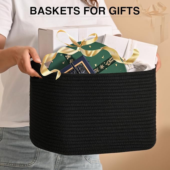 ICERZCZ Woven Cotton Rope Storage Basket for Organizing, Cute Decorative Baskets for Gifts Empty, Organizer Bins for Dog Toy, Baby Laundry, 15“×11”×9.5“, Black