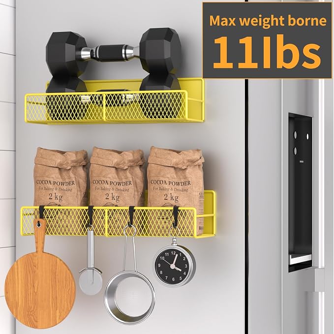 Magnetic Spice Rack for Refrigerator, 2 Pack 100% Metal Strong Magnet Shelf, Space Saving Spice Organizer W/ Hooks, Movable Magnetic Fridge Shelf, Kitchen Home Laundry Room Storage Organization,Yellow